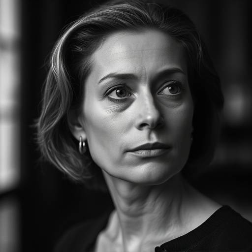 A black and white portrait of Eleanor Vance, the founder of Thespian Heights Academy, looking thoughtfully into the distance.